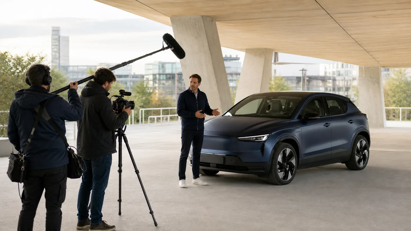 Équipe vidéo réalisant un essai automobile sous un pavillon urbain