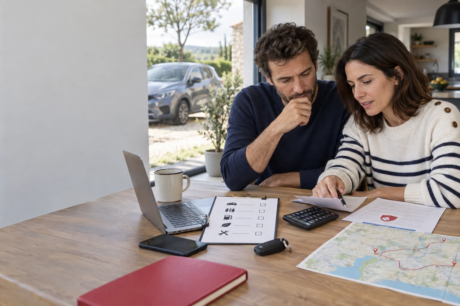 Couple comparant budget, assurance, recharge et trajets avant de choisir une voiture