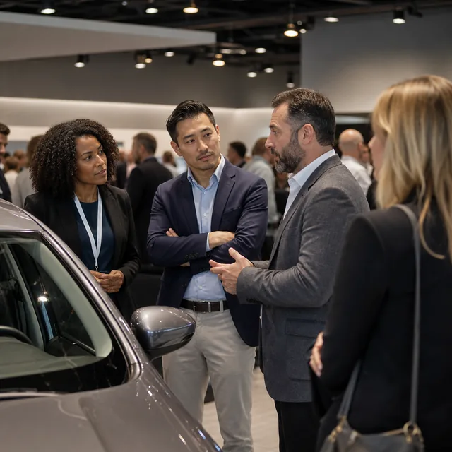 Professionnels échangeant autour d’une voiture lors d’un événement automobile
