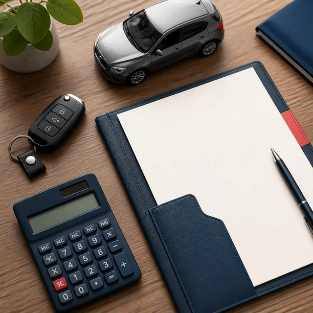 Calculatrice, clé et dossier pour financer une voiture