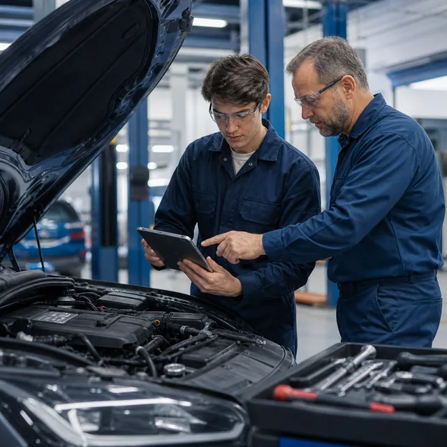 Apprenti automobile apprenant le diagnostic avec un professionnel