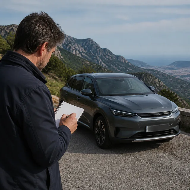 Journaliste automobile prenant des notes pendant un essai routier
