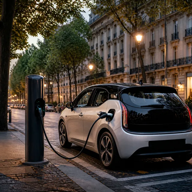 Voiture électrique branchée à une borne en ville